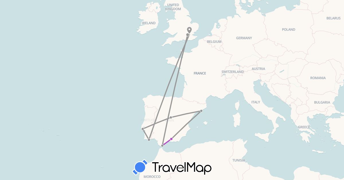 TravelMap itinerary: driving, plane, train in Spain, United Kingdom, Gibraltar, Portugal (Europe)